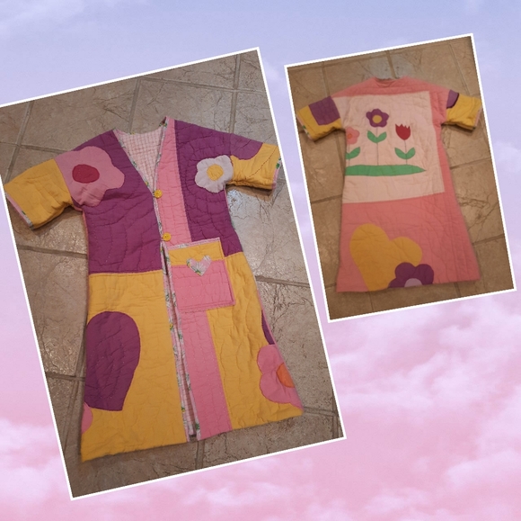 Upcycled vtg Quilt blanket Coat Girls 8 duster hearts flowers original h…